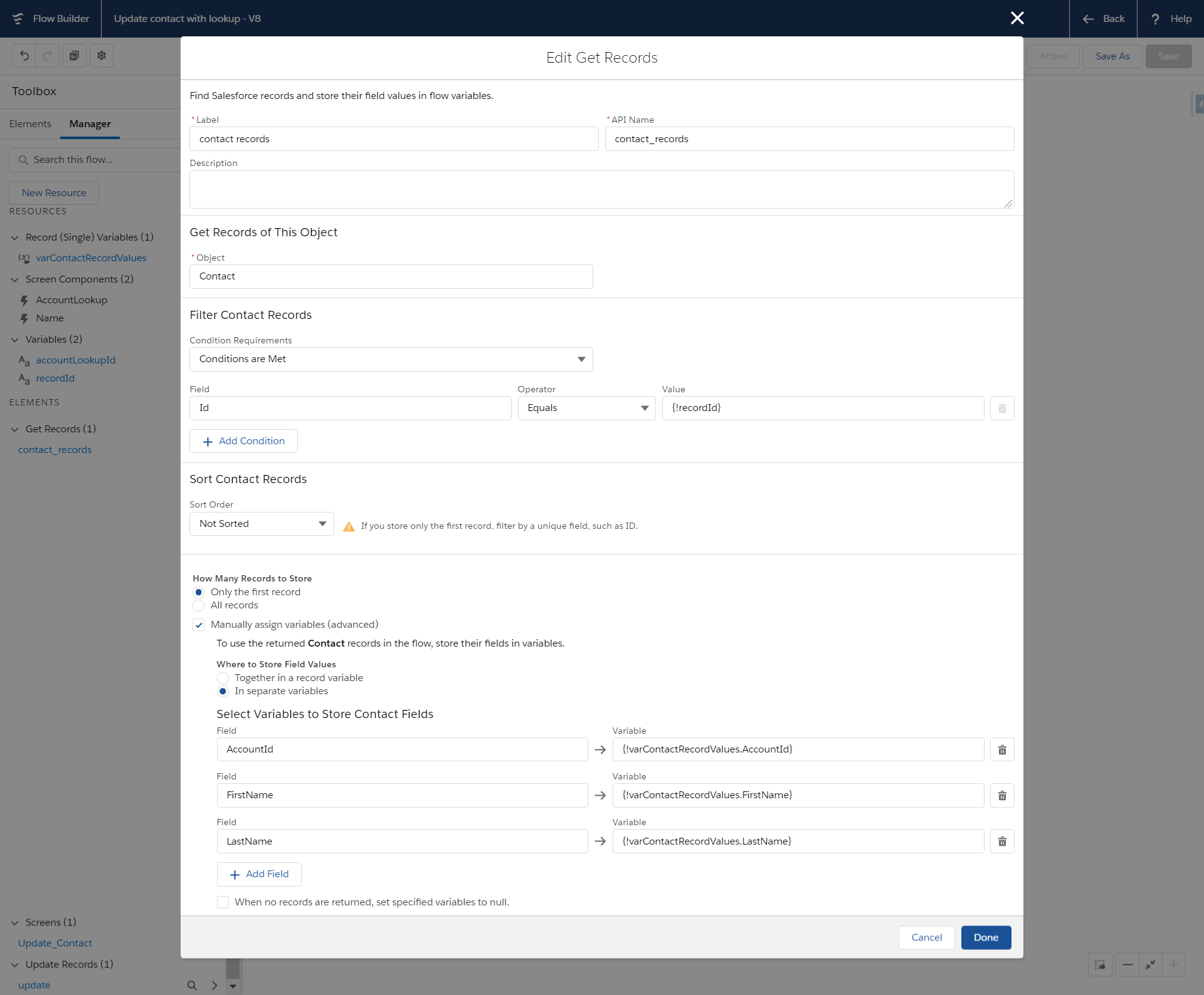 Get Records Element in Lightning flow builder