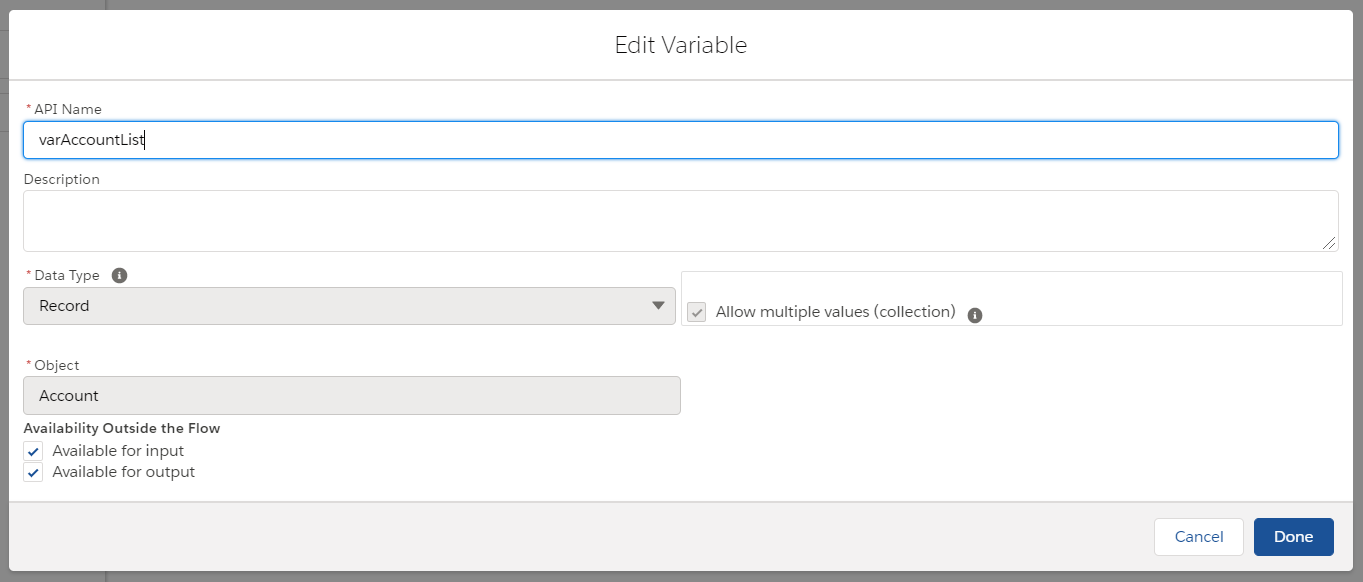 varAccountList in lightning flow builder