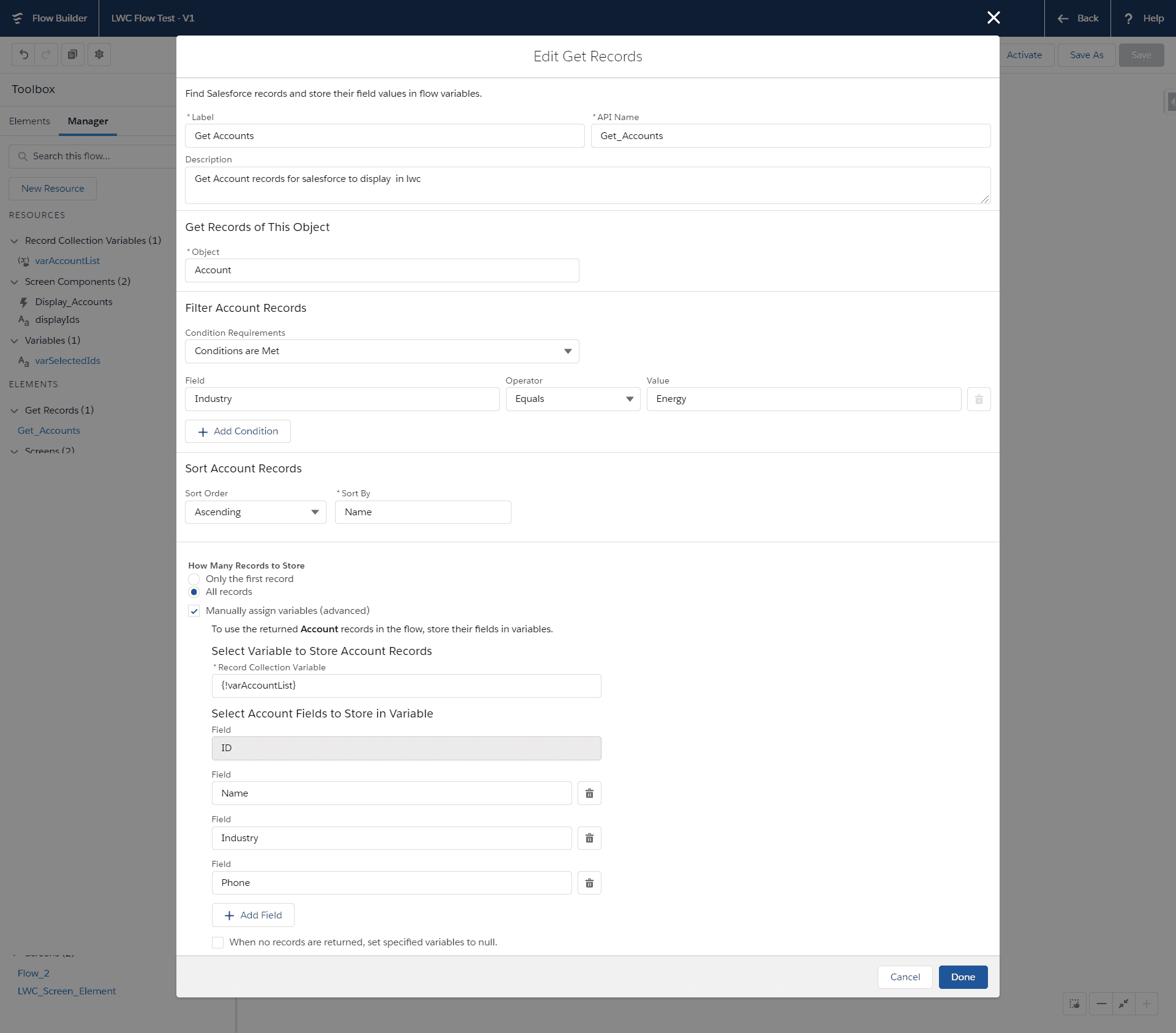 Get Accounts Element in lightning flow builder