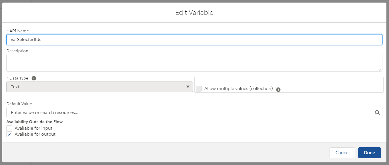 varSelectedIds in lightning flow builder
